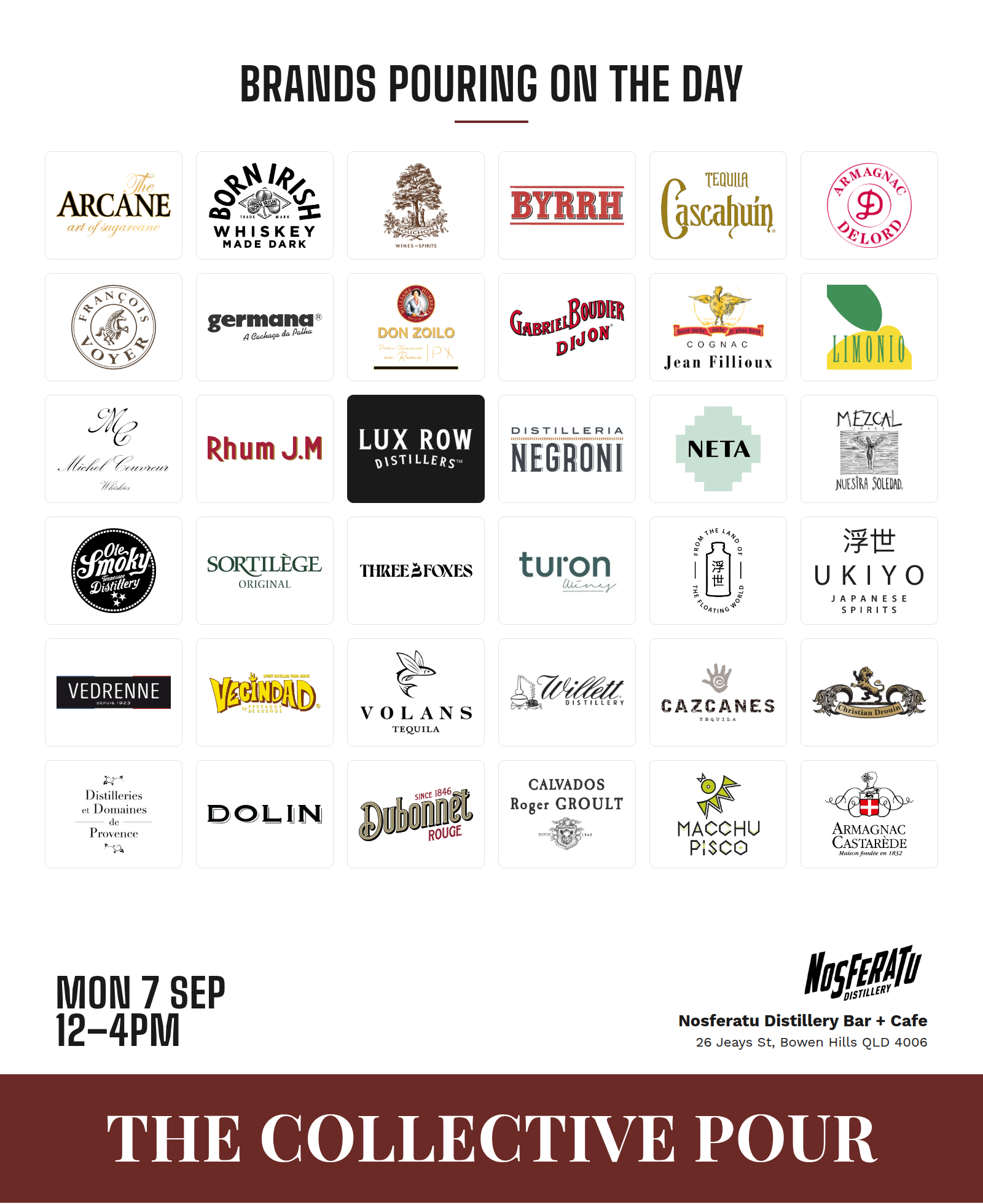 Brands pouring at The Collective Pour on Monday 7 September at Nosferatu Distillery Bar and Cafe